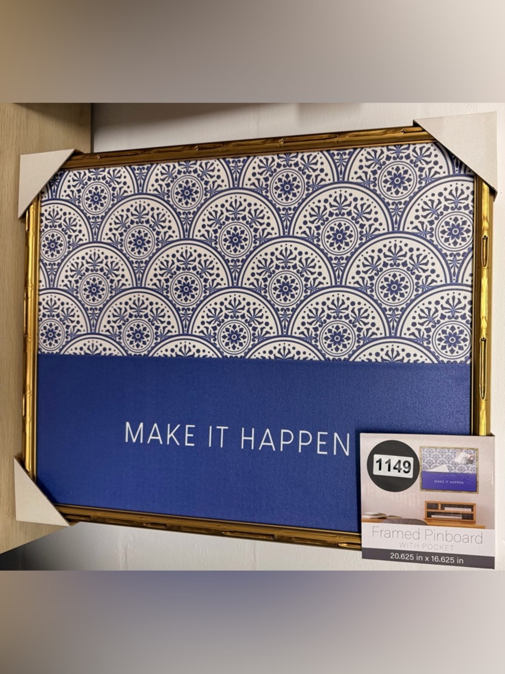 Framed Pinboad Blue Floral Wall Art - "Make it Happen"